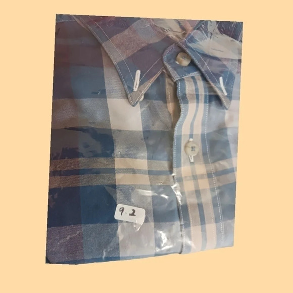 Maker & co button front shirt plaid mens size Large blue & beige color - Picture 10 of 12